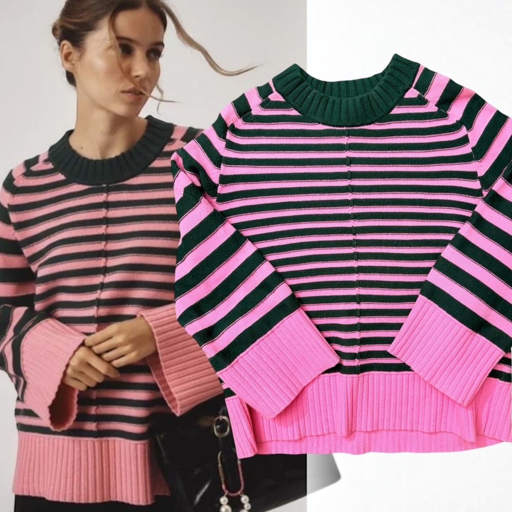 Maeve Sweater Striped Mock Neck Pink Green Medium